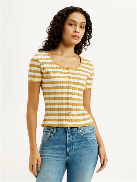Women's Striped Yellow Scoop Neck Top – Levis India Store