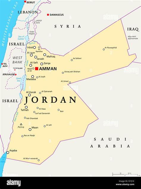 Jordan political map with capital Amman, national borders, important ...