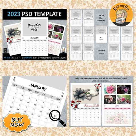 A4 2023 CALENDAR PSD Template | Monday Start | Editable Layers ...