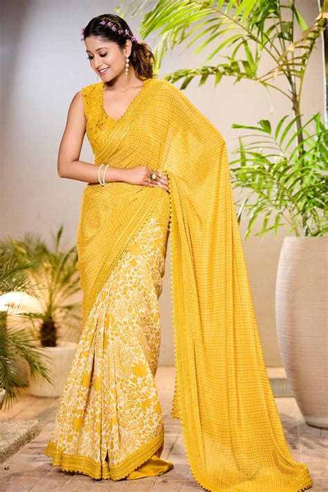 Mustard Color Flower Print Saree – Aparnaa Sarees