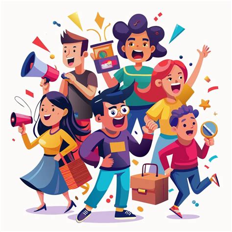 Six happy cartoon characters with megaphones a briefcase a gift and a ...