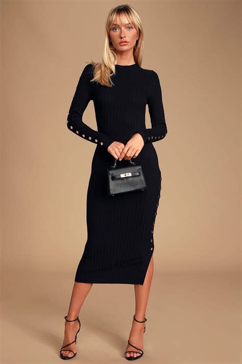 Chic Enterprise Black Long Sleeve Midi Sweater Dress | Black long ...