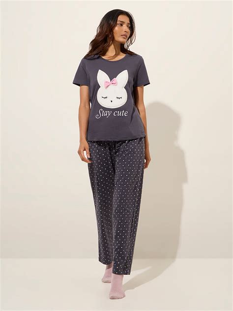 Buy Wunderlove Charcoal Printed Cotton Pyjamas Set In A Bag from Westside