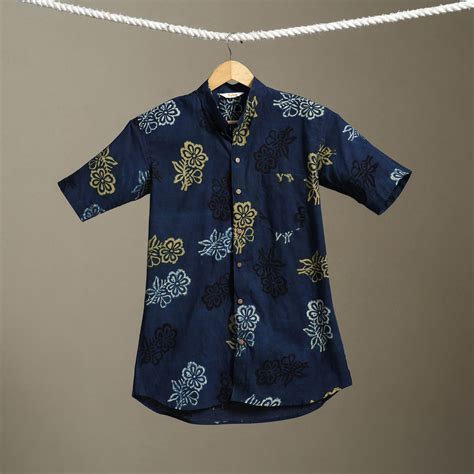 Blue Block Print Cotton Men Half Sleeve Ajrakh Shirt