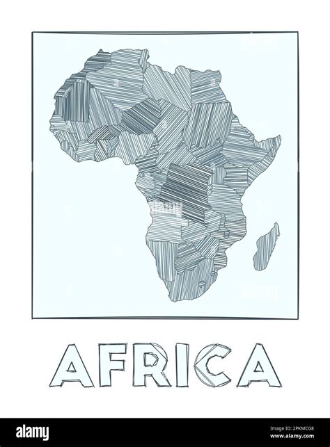 Sketch map of Africa. Grayscale hand drawn map of the continent. Filled regions with hachure ...