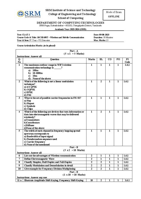 18CSE458T Wireless & Mobile Comm - CLA-1 QP 2023-24 ODD Notes - Studocu