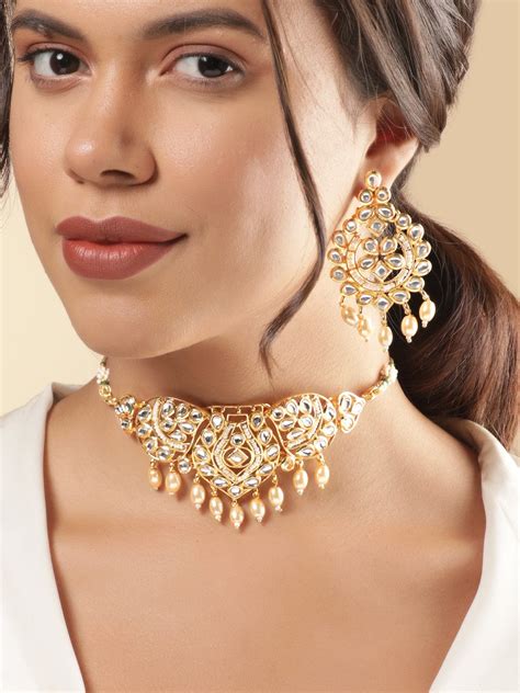 Rubans 18K Gold-Plated White Kundan Studded & White Pearls Beaded Trad