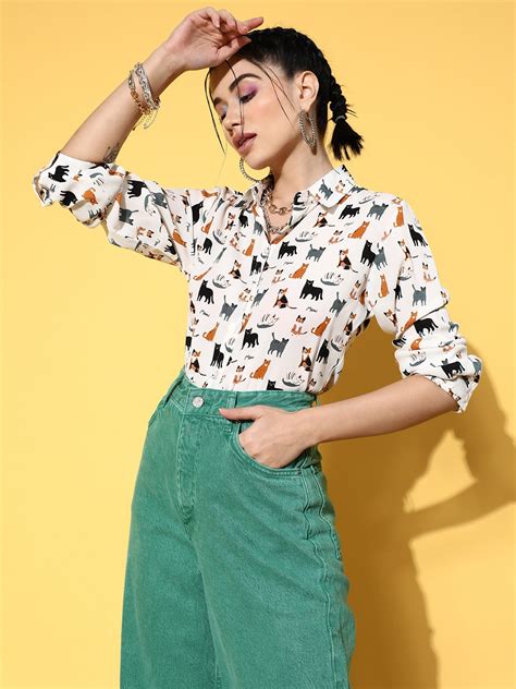 Women White & Black Cat Print Spread Collar Neck Front Button-Up ...