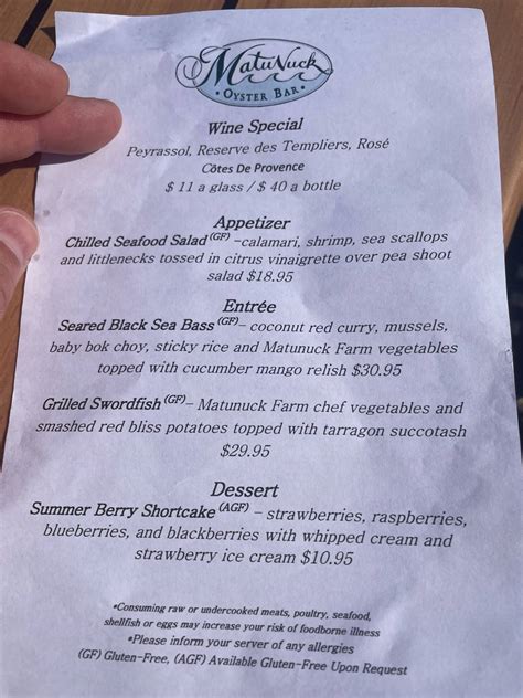 Menu at Matunuck Oyster Bar, South Kingstown, 629 Succotash Rd