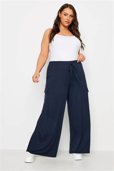 YOURS Plus Size Navy Blue Jersey Wide Leg Cargo Trousers | Yours Clothing