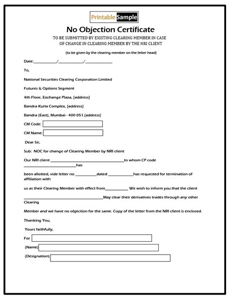 No Objection Certificate Templates - Printable Samples