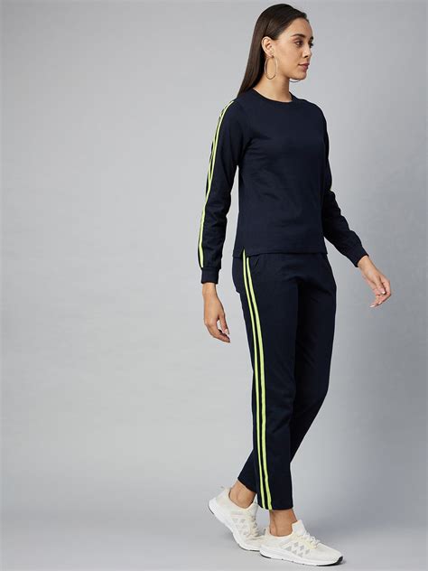 Women's Cotton Navy Blue Track Suit Set with Lime Green Stripe – Stylestone