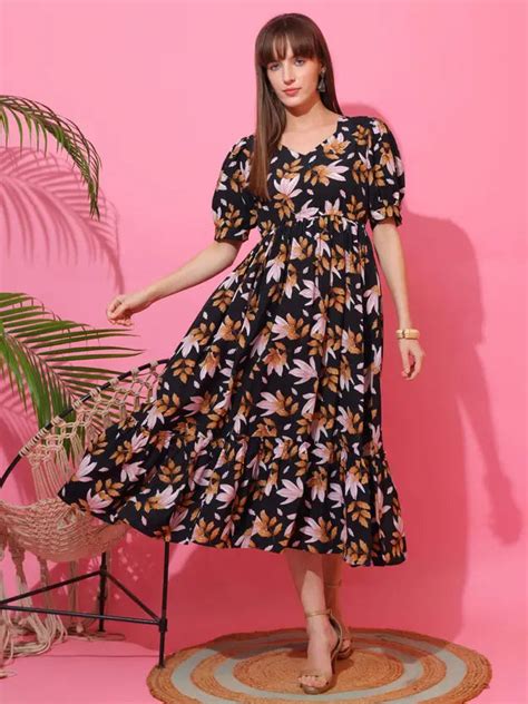 Noir Bloom Floral Midi Dress by Wyshlist
