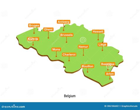 Vector Illustrated 3d Geographical Map of Belgium with Cities Stock Illustration - Illustration ...