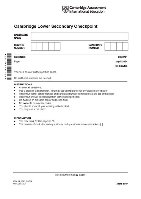 Cambridge Lower Secondary Checkpoint SCIENCE Paper 1 QP April 2024 ...