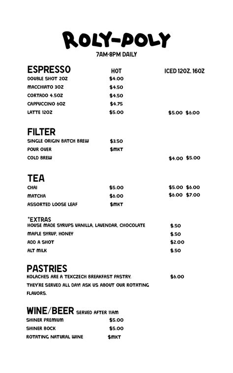 Menu at Roly-Poly Coffee Co., Bozeman, 528 N Broadway Ave