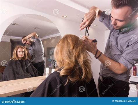 Hairdresser Salon Mirror Cutting Hair Scissors Comb Stock Image - Image ...