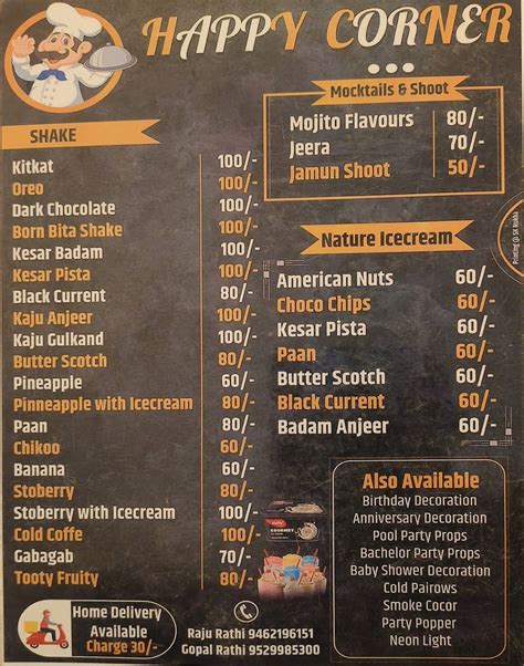 Menu at Happy Corner Cafe, Nokha