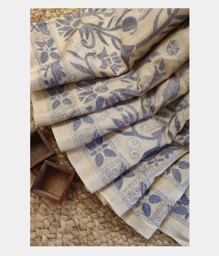 Buy Cream Tussar Kantha Work Saree T226571
