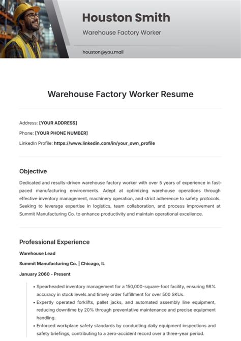 Free Warehouse Factory Worker Resume Template to Edit Online