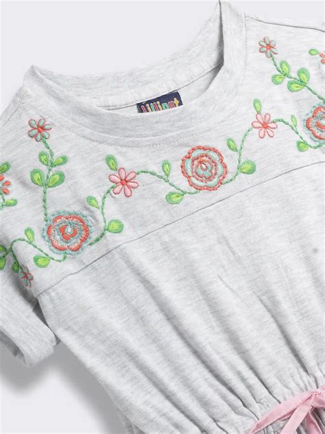 Girls Short Sleeve Cotton Knit Dress with Floral Embroidered Yoke and ...