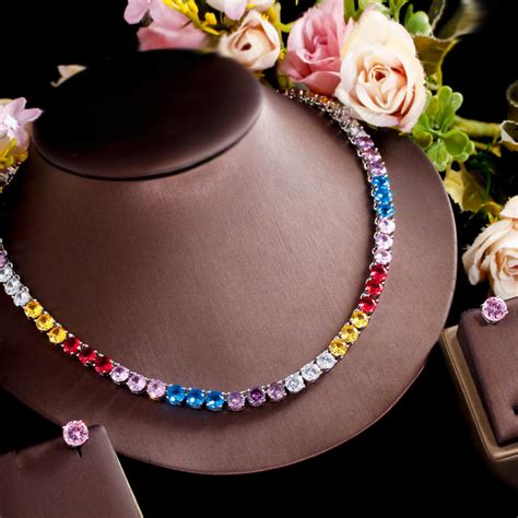 Classy rainbow colour cubic diamonds tennis chain necklace set for gir ...
