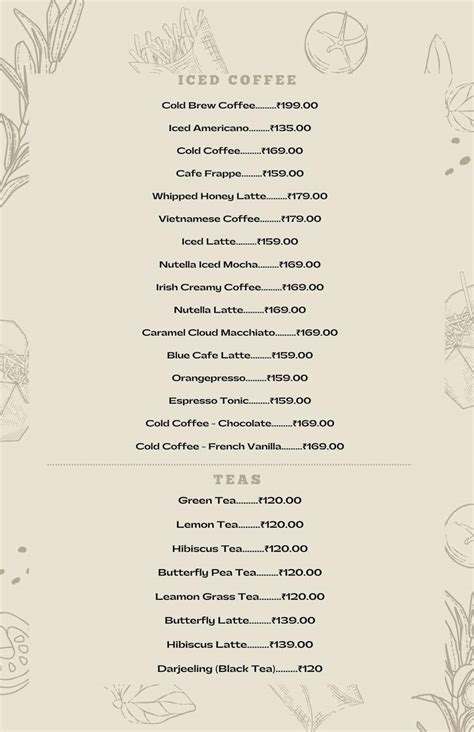 Menu at Wabi Sabi art café, Visakhapatnam