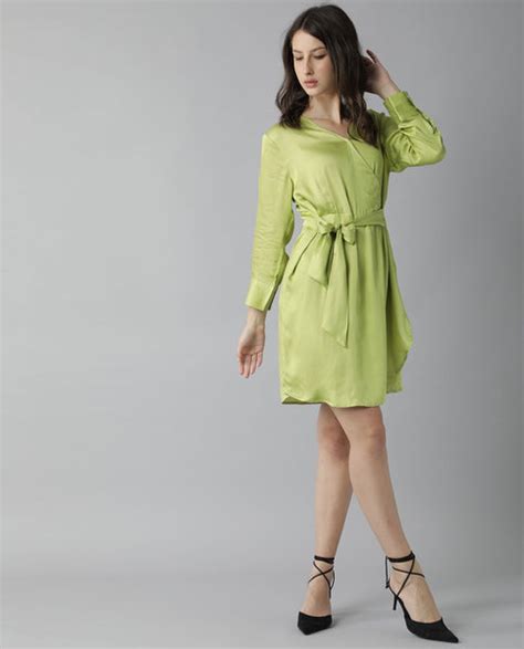 Rareism Womens Glam Green Dress Long Sleeve Short Length