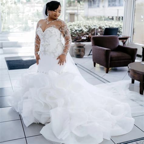 2025 Arabic Aso Ebi Plus Size Ivory Mermaid Wedding Dresses Beaded Crystals Organza Tiers Full ...