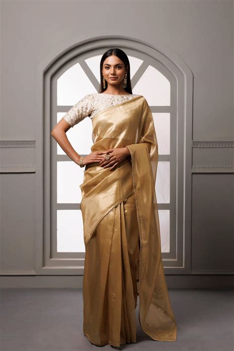 Beige Banarasi Tissue Handcrafted Gota Patti Saree – Geroo Jaipur