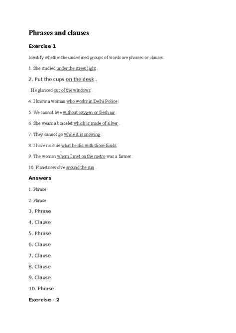 Phrases and Clauses Exercises (Grammar 101) - Studocu