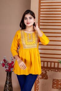 KURTI WORLD Casual Embroidered Women Yellow Top - Buy KURTI WORLD ...