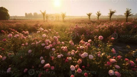 Pink rose field in sunset light, in the style of sun rays shining upon ...