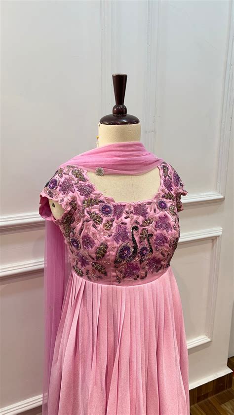 Baby Pink Georgette Gown with Swan Motif Handwork – Label Vishwa