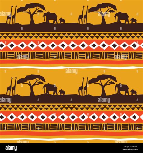 African art seamless pattern. Africa landscape with animals and ...
