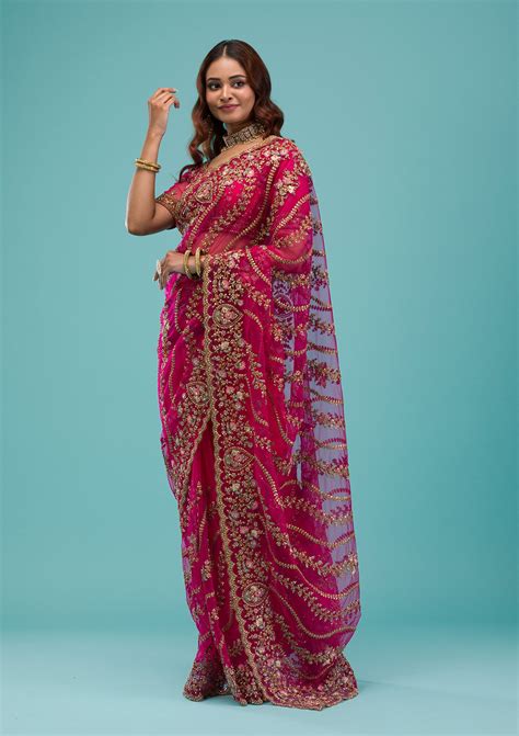 Buy Rani Pink Zariwork Net Saree - Koskii