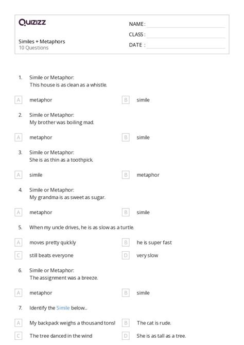 50+ Metaphors worksheets for 1st Class on Quizizz | Free & Printable