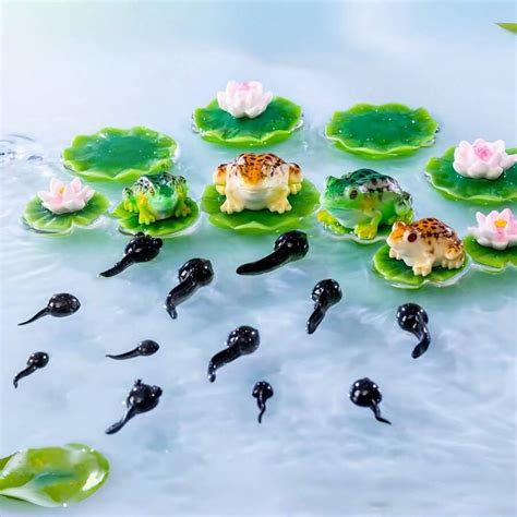 Miniature Frog And Tadpole Set With Lotus Flower And Water Lily Leaves ...