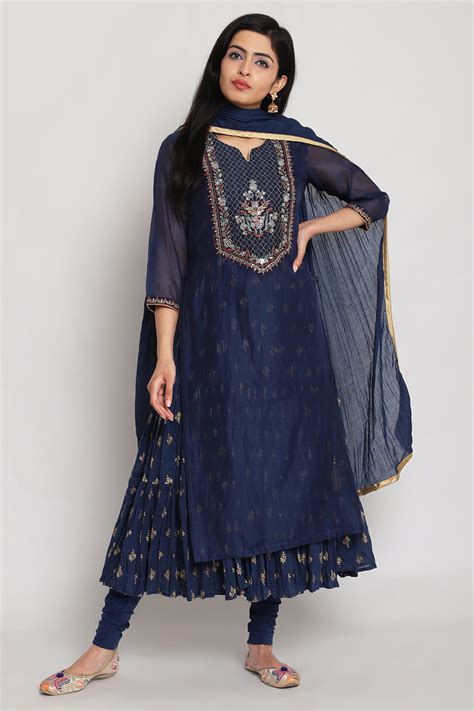 Buy Navy Blue Double Layered Kurta Churidar Suit Set Online at Biba India