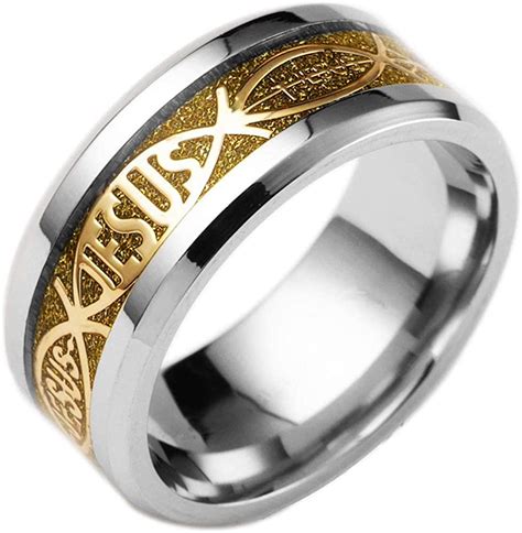Buy LWJYX 8mm Stainless Steel Gold Christian Jesus Rings Promise ...