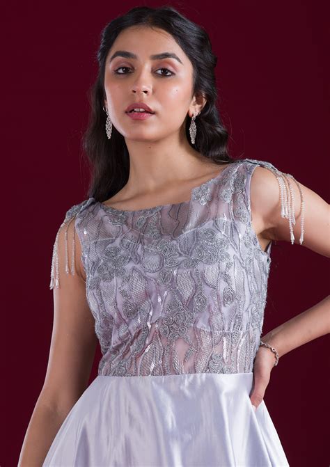 Buy Grey Sequins Satin Gown - Koskii