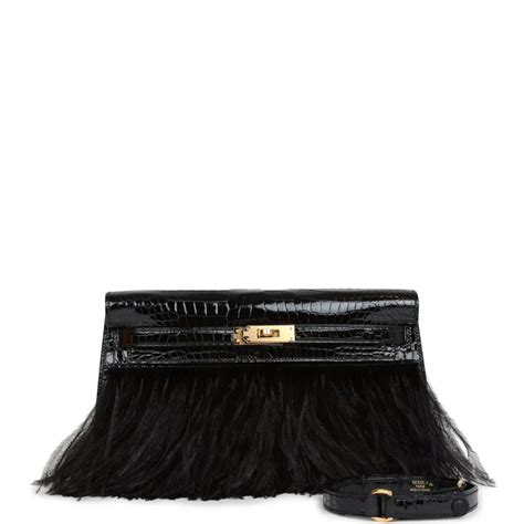 Hermès Kelly Elan Foile Noir Crocodile Leather and Ostrich Feathers Bag