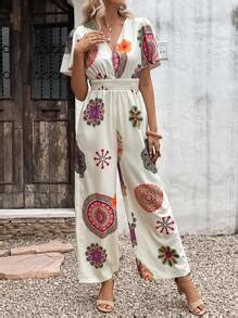 SHEIN LUNE Mandala Print Butterfly Sleeve Wide Leg Jumpsuit | SHEIN USA