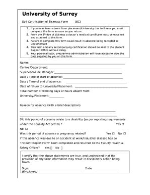 Self Certification of Sickness (SC) Doc Template | pdfFiller