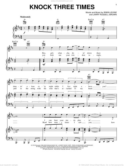Knock Three Times sheet music for voice, piano or guitar (PDF)