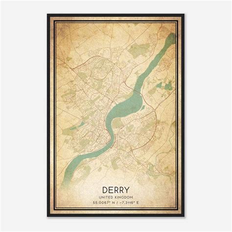 Vintage Derry United Kingdom Map Poster, Derry City Road Wall Art Print - Custom Maps & Posters