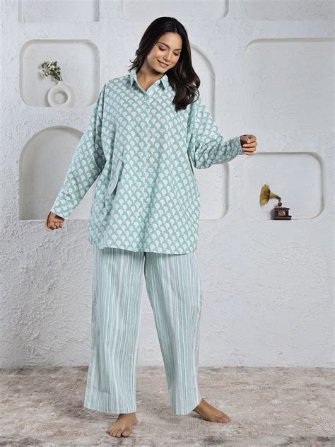 Green FLORAL loose fit PRINT Cotton Night SUIT
