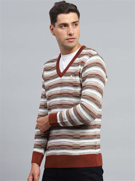 Buy Men Brown Stripe V Neck Full Sleeve Pullover Online in India ...