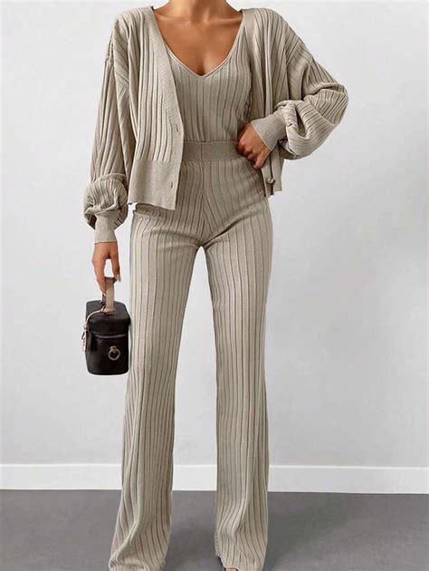 Drop Shoulder Cardigan & Ribbed Knit Top & Knit Pants | SHEIN USA