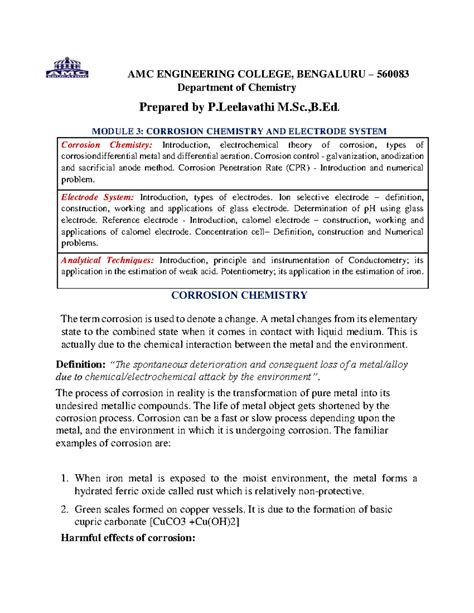 Module 3: Corrosion Chemistry & Electrode Systems - Notes - Studocu